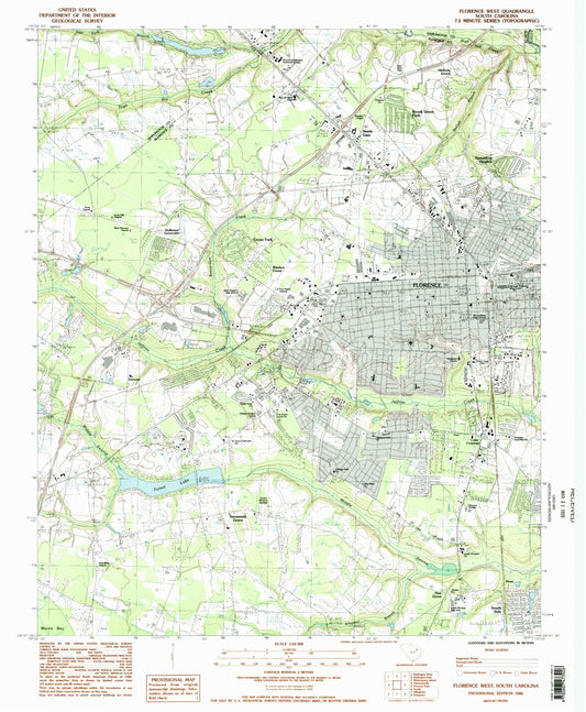 Classic USGS Florence West South Carolina 7.5'x7.5' Topo Map Image