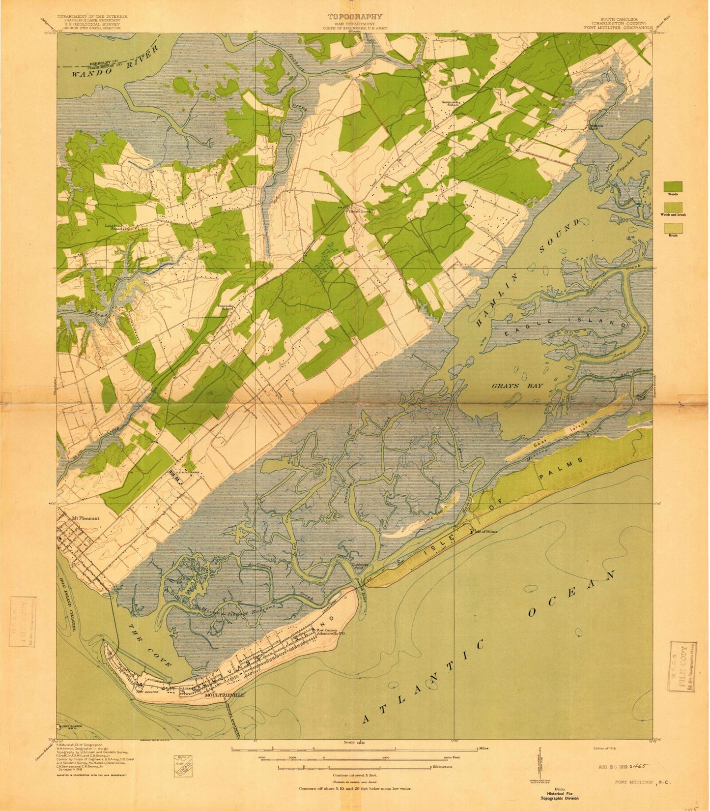 Classic USGS Fort Moultrie South Carolina 7.5'x7.5' Topo Map Image