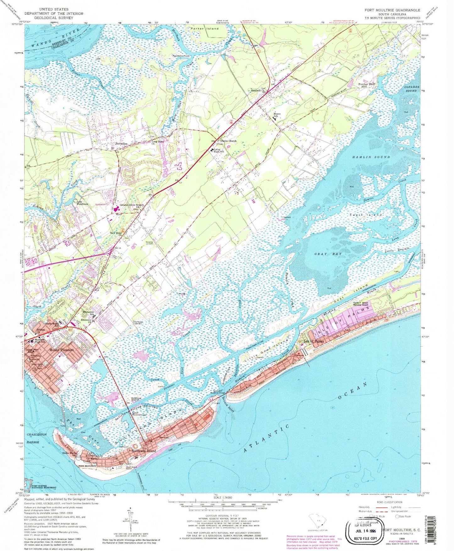 Classic USGS Fort Moultrie South Carolina 7.5'x7.5' Topo Map Image
