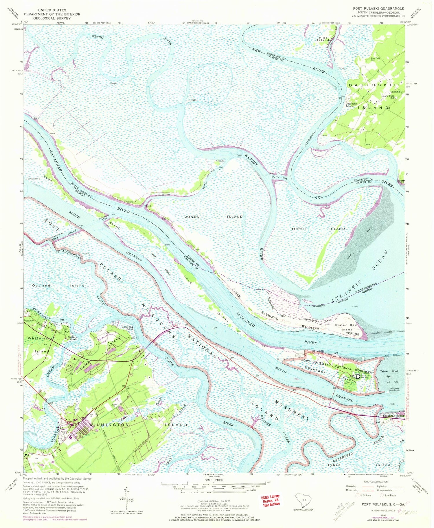 Classic USGS Fort Pulaski Georgia 7.5'x7.5' Topo Map Image