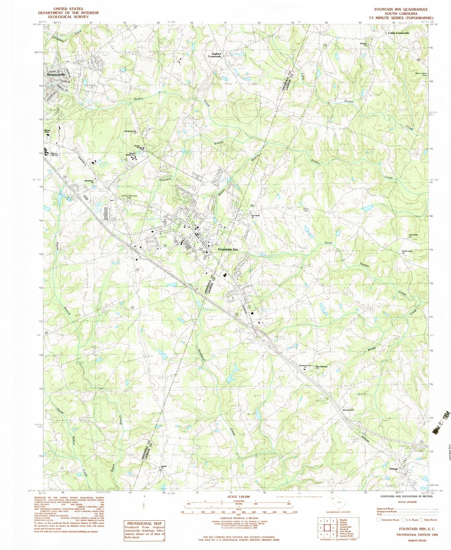 Classic USGS Fountain Inn South Carolina 7.5'x7.5' Topo Map Image