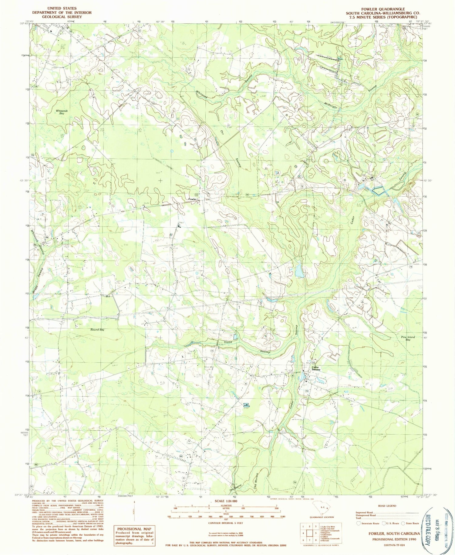 Classic USGS Fowler South Carolina 7.5'x7.5' Topo Map Image