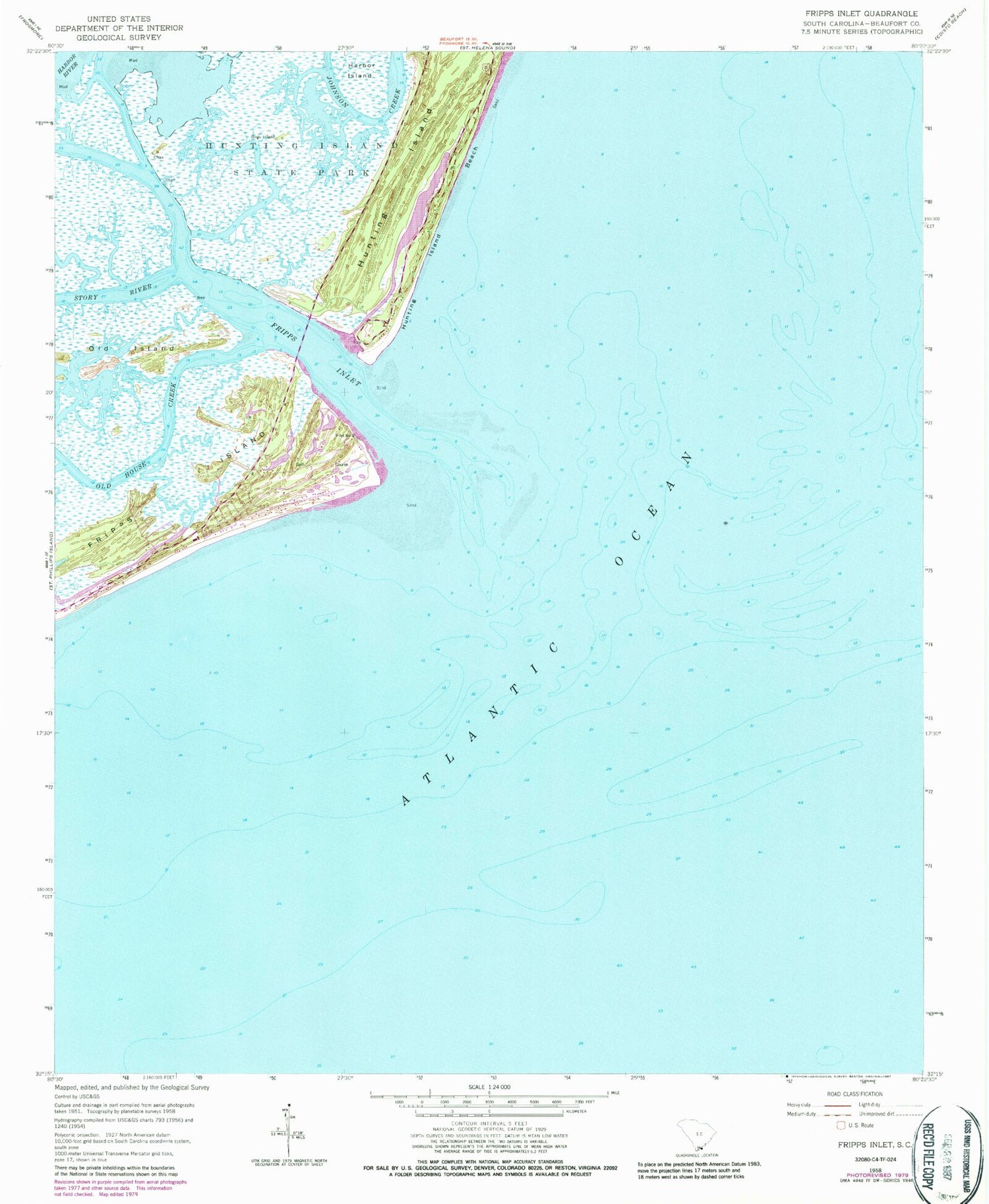 Classic USGS Fripp Inlet South Carolina 7.5'x7.5' Topo Map Image
