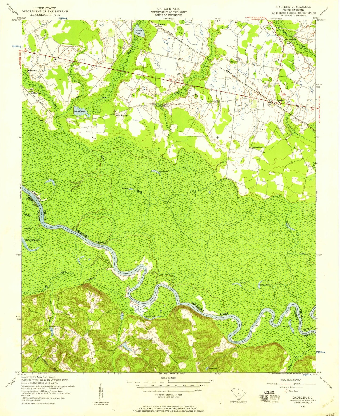 Classic USGS Gadsden South Carolina 7.5'x7.5' Topo Map Image