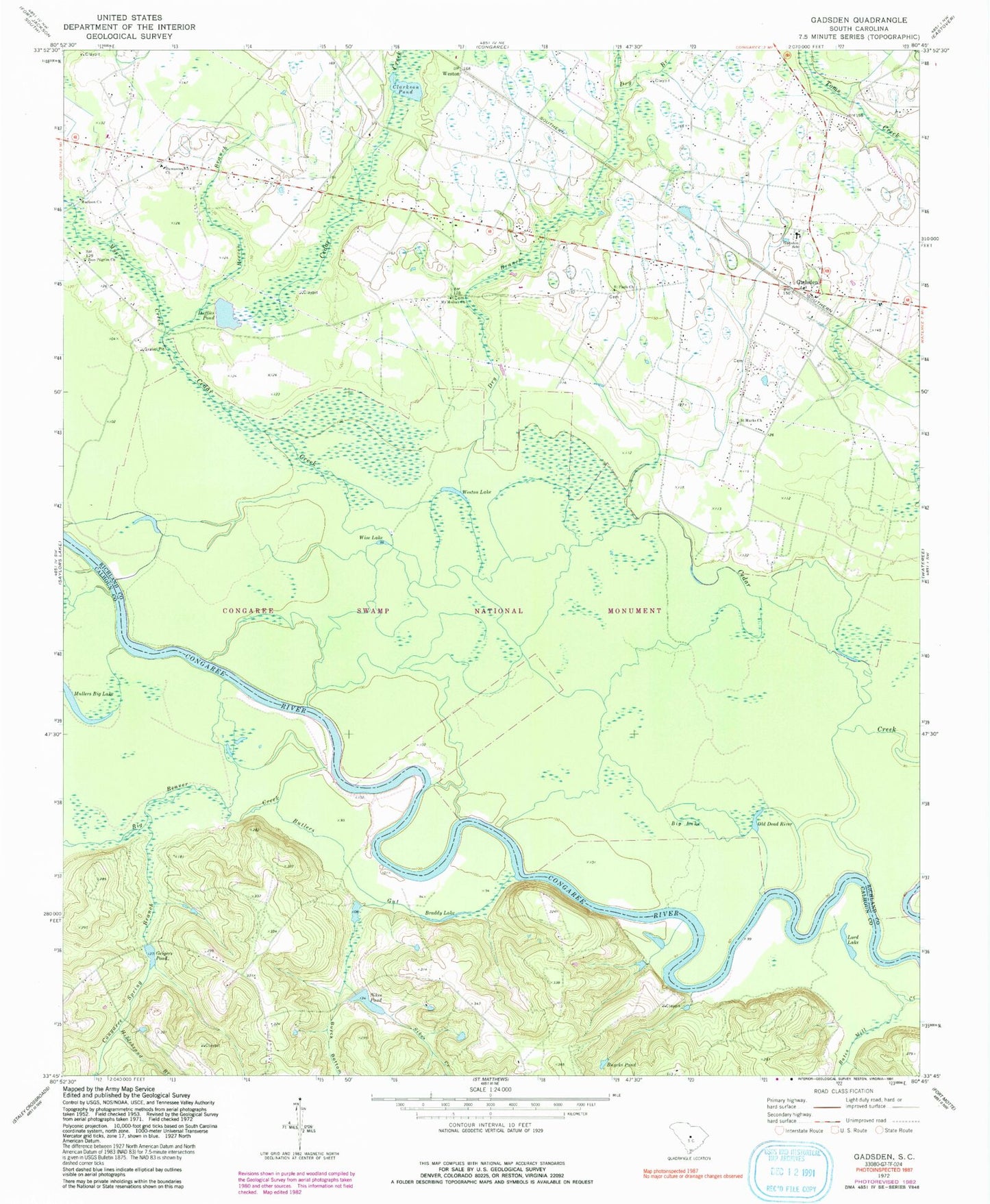 Classic USGS Gadsden South Carolina 7.5'x7.5' Topo Map Image