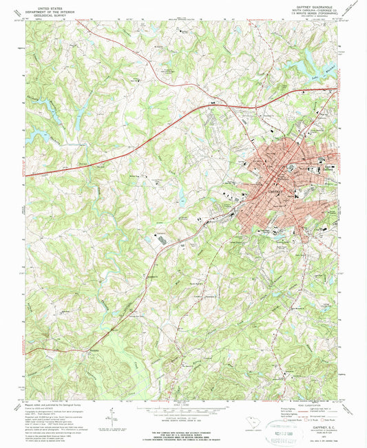 Classic USGS Gaffney South Carolina 7.5'x7.5' Topo Map Image