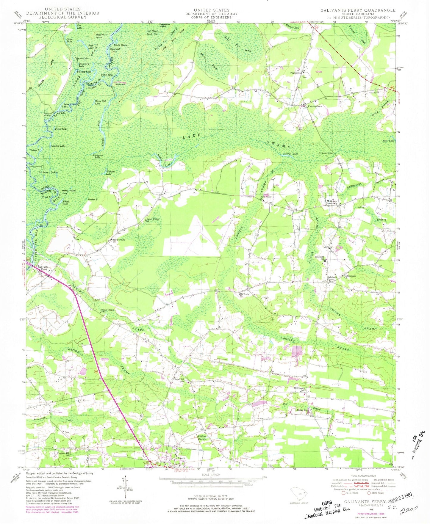 Classic USGS Galivants Ferry South Carolina 7.5'x7.5' Topo Map Image