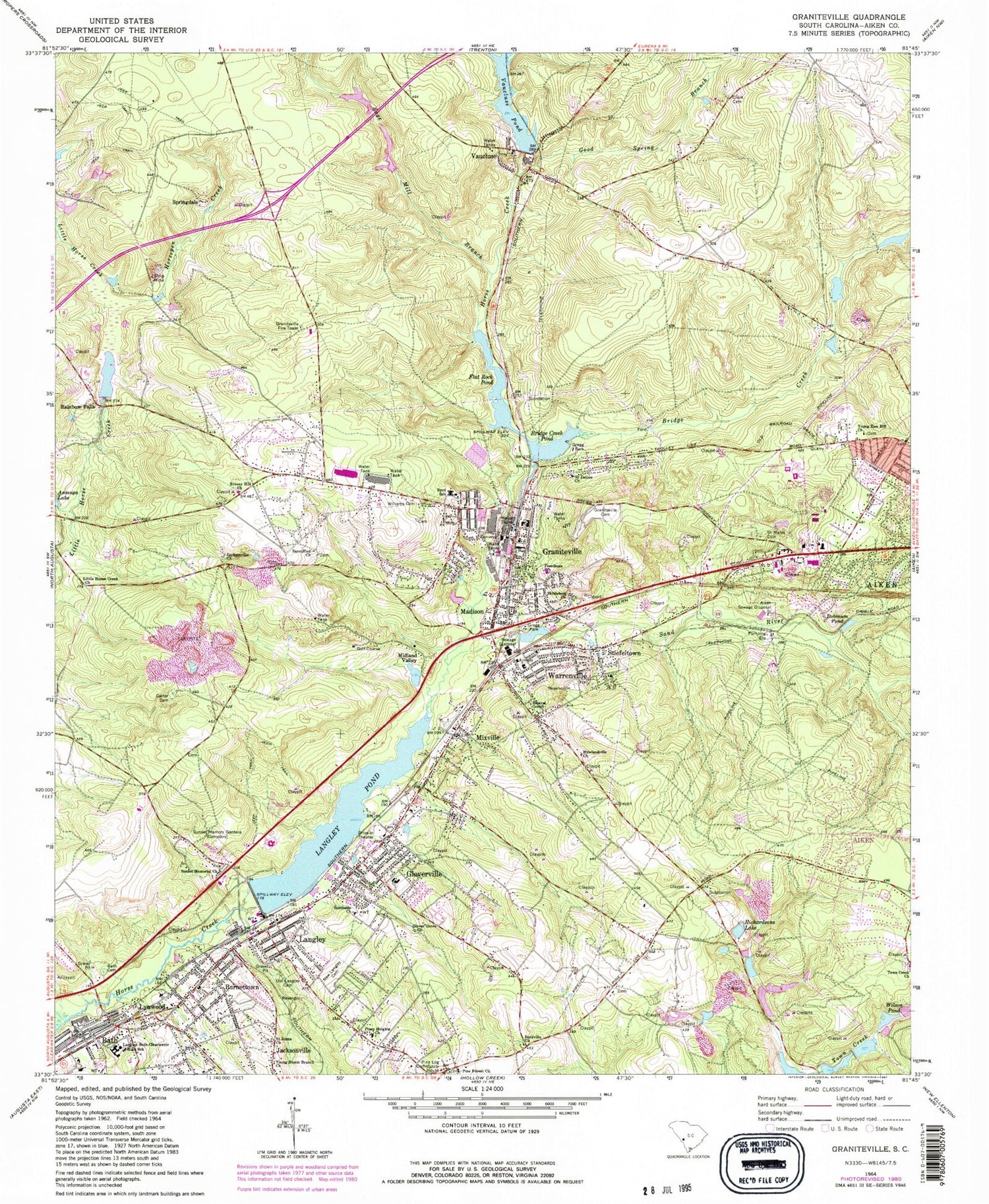 Classic USGS Graniteville South Carolina 7.5'x7.5' Topo Map Image