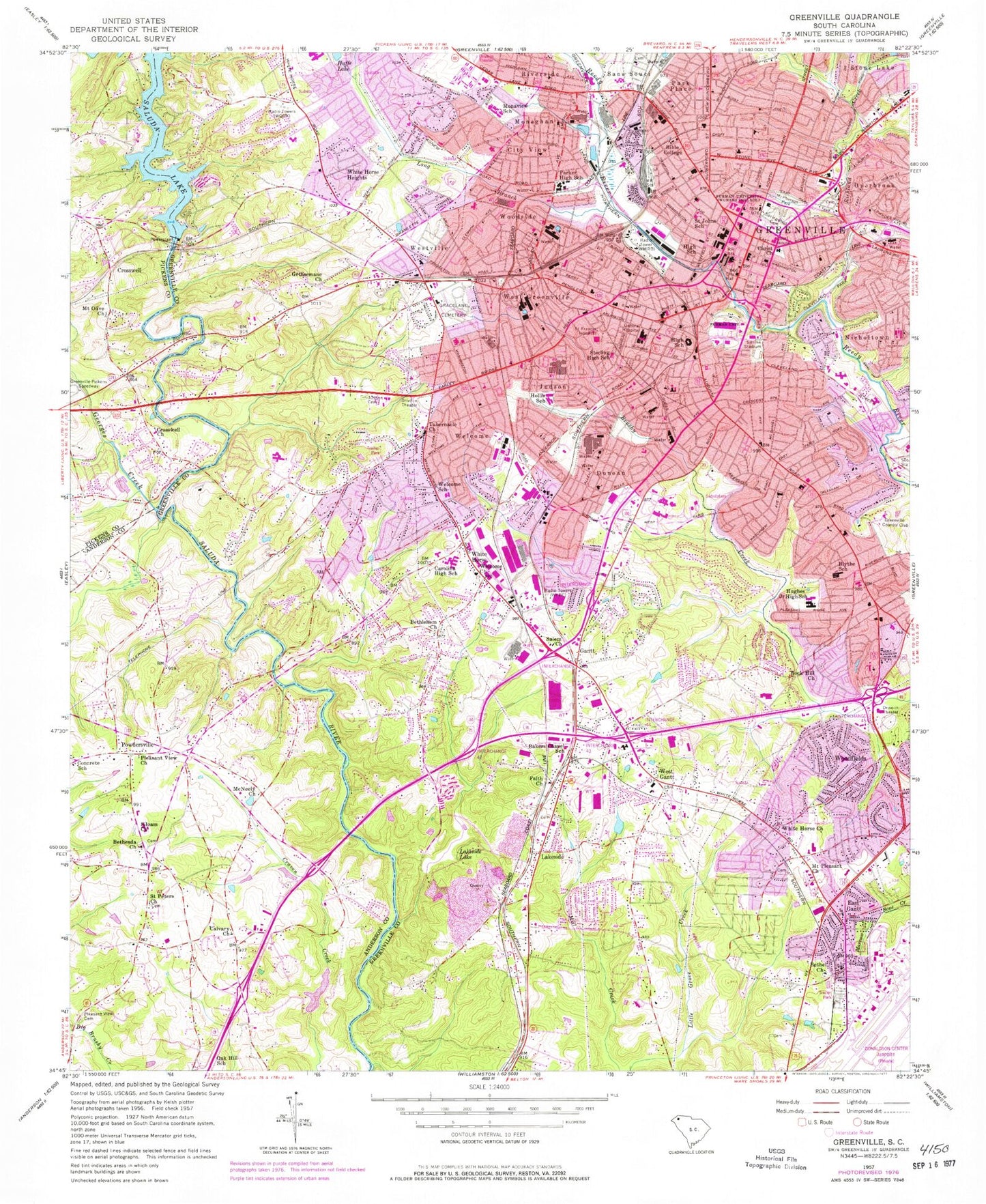 Classic USGS Greenville South Carolina 7.5'x7.5' Topo Map Image