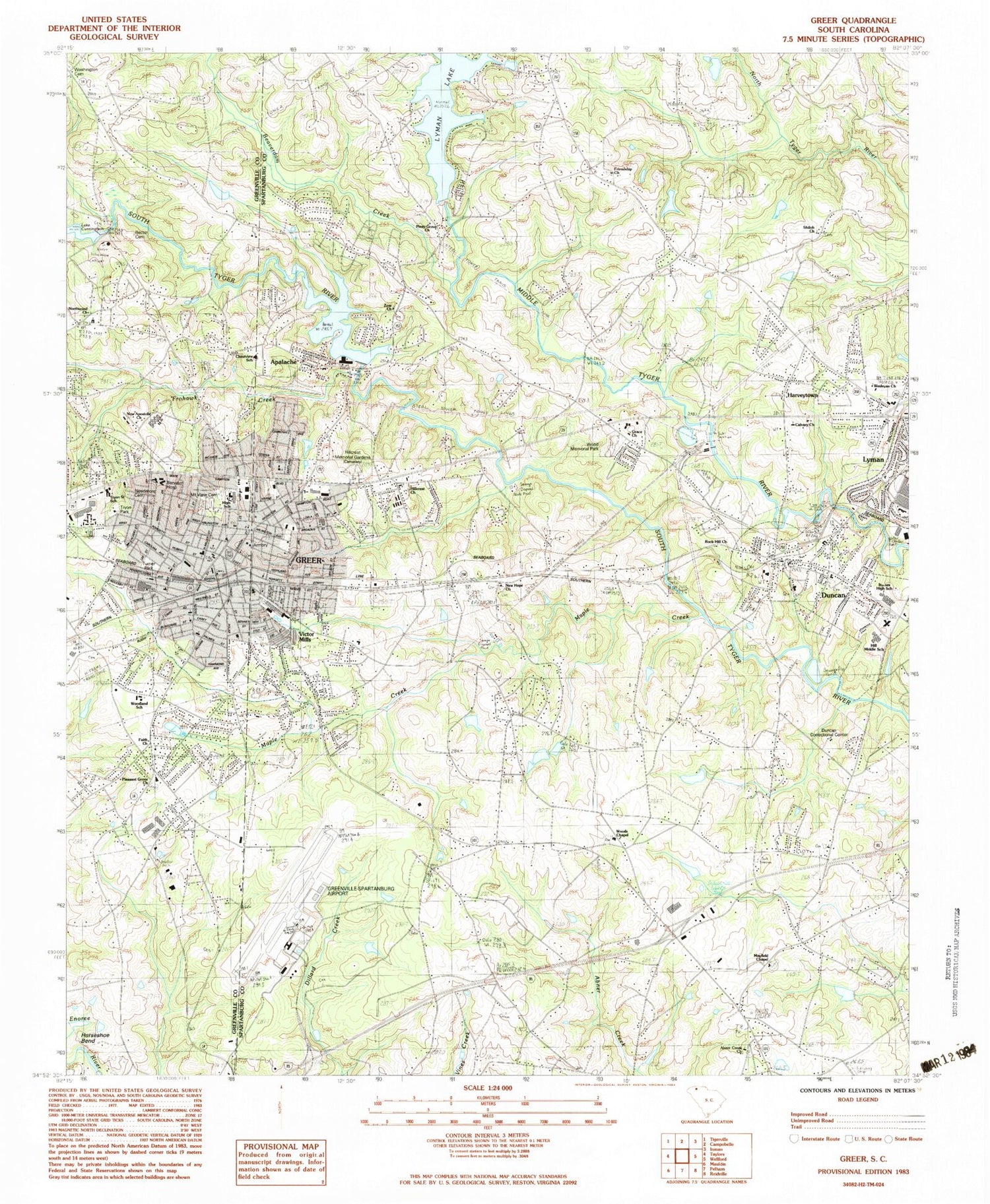Classic USGS Greer South Carolina 7.5'x7.5' Topo Map Image