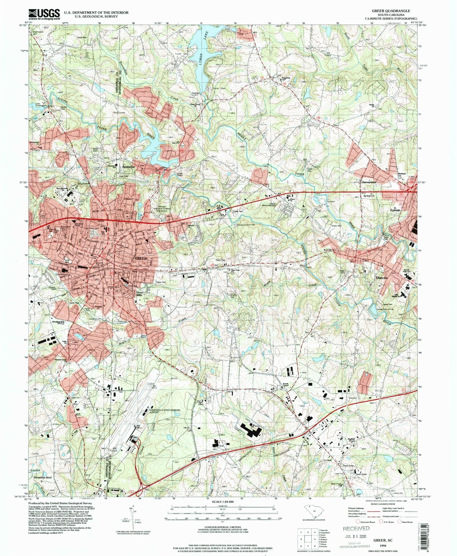 Classic USGS Greer South Carolina 7.5'x7.5' Topo Map Image