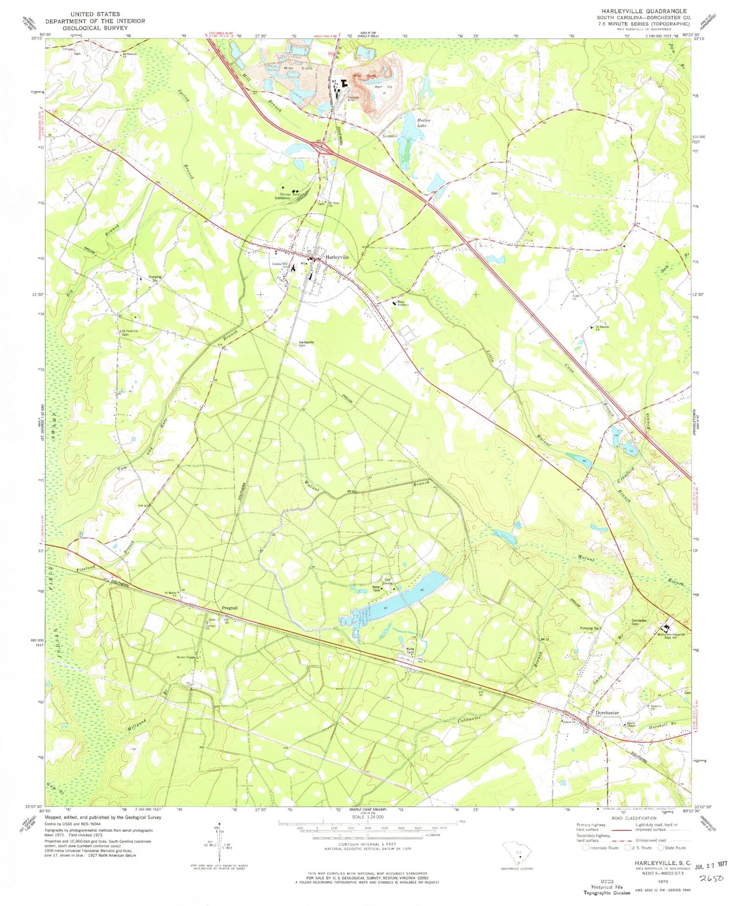 Classic USGS Harleyville South Carolina 7.5'x7.5' Topo Map Image