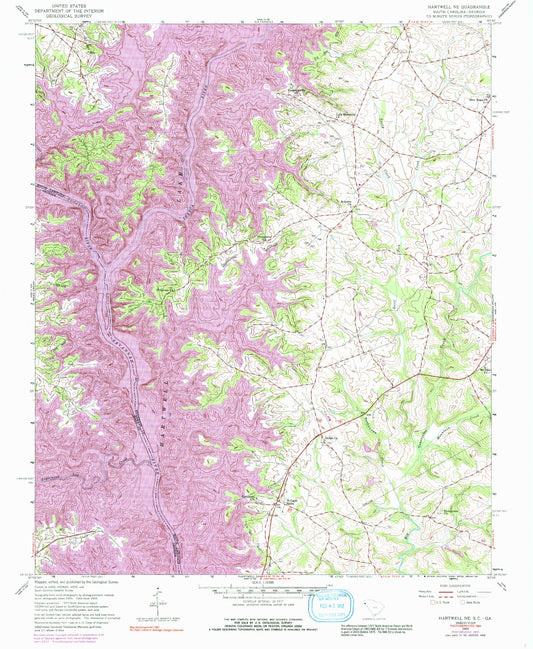 Classic USGS Hartwell NE South Carolina 7.5'x7.5' Topo Map Image
