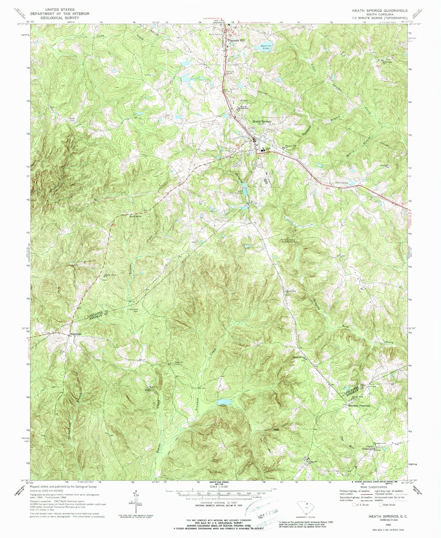 Classic USGS Heath Springs South Carolina 7.5'x7.5' Topo Map Image