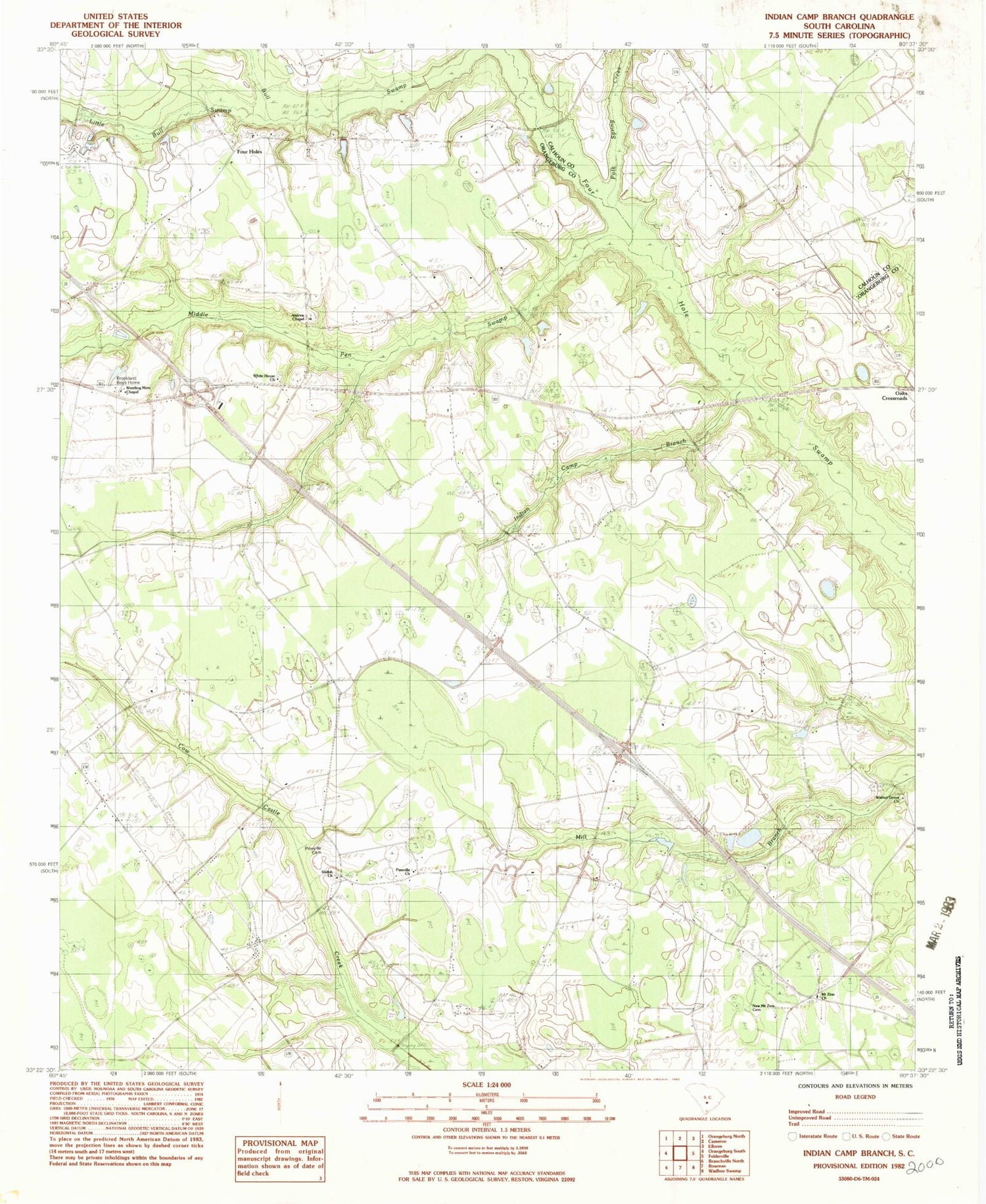 Classic USGS Indian Camp Branch South Carolina 7.5'x7.5' Topo Map Image