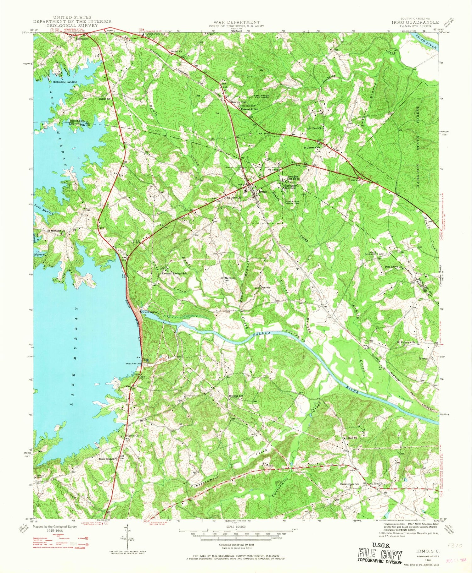 Classic USGS Irmo South Carolina 7.5'x7.5' Topo Map Image