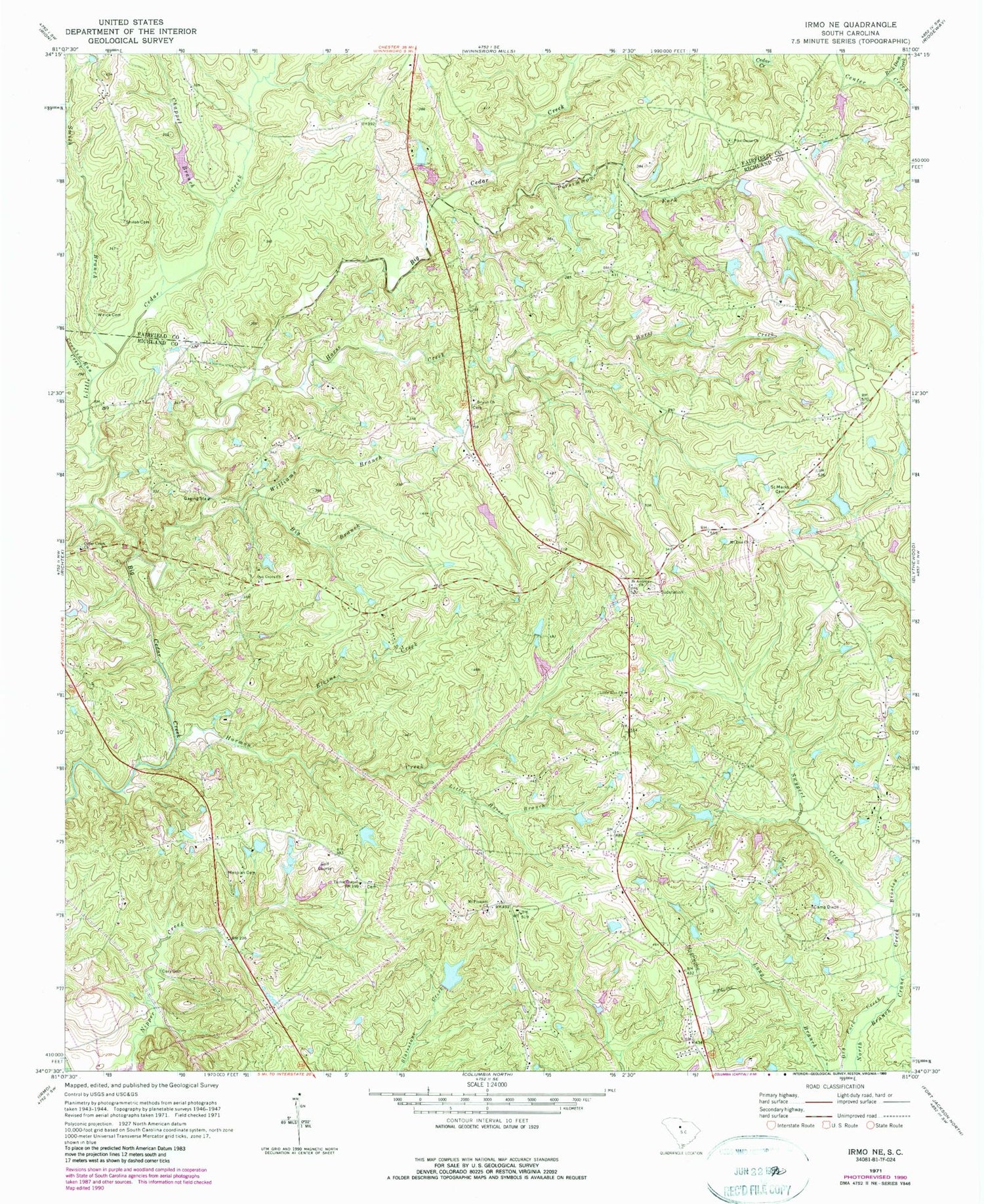 Classic USGS Irmo NE South Carolina 7.5'x7.5' Topo Map Image