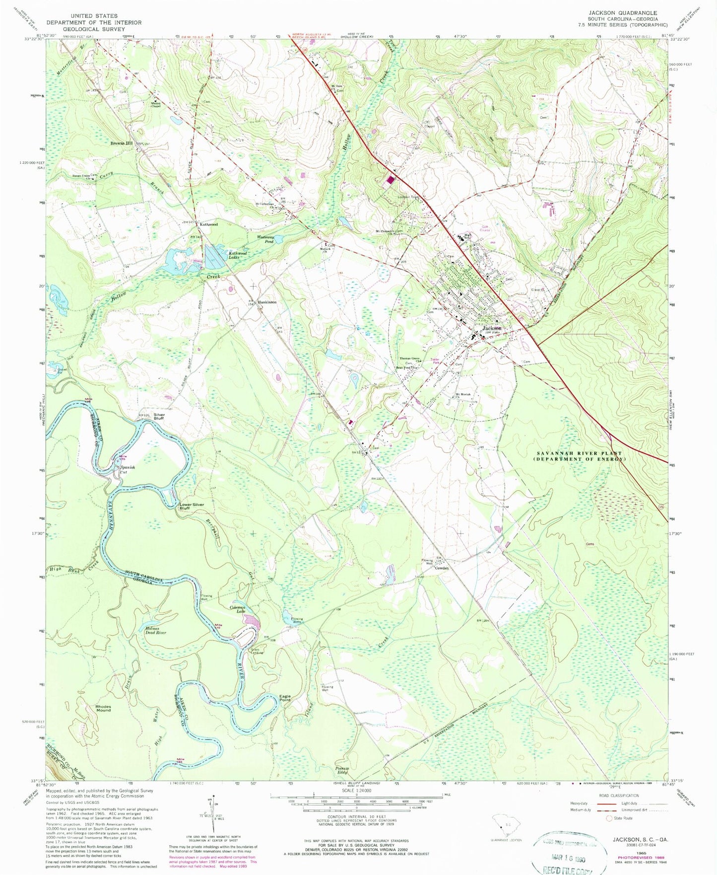 Classic USGS Jackson South Carolina 7.5'x7.5' Topo Map Image