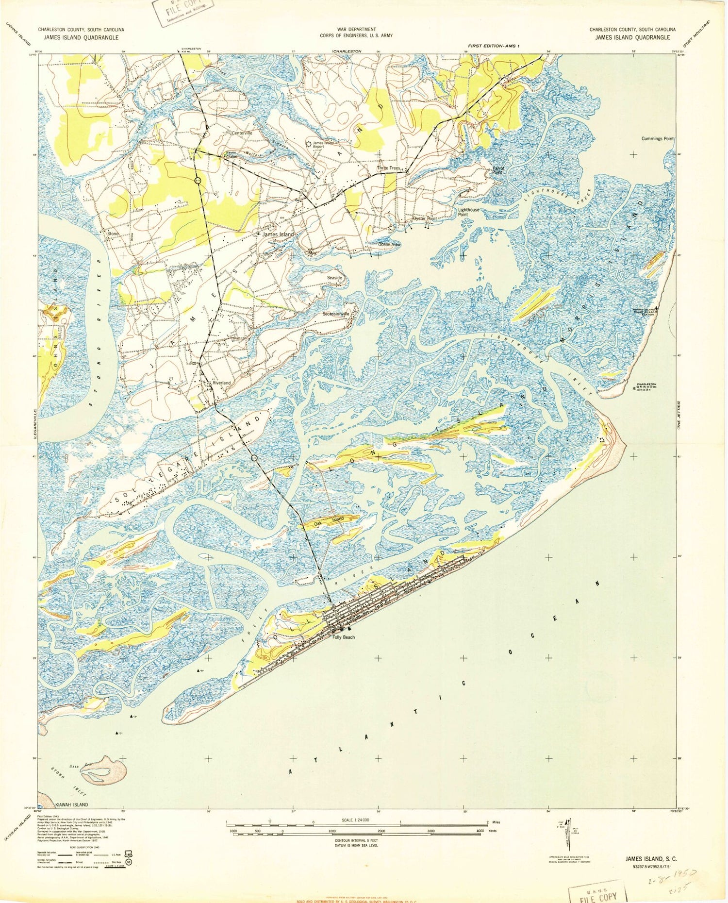 Classic USGS James Island South Carolina 7.5'x7.5' Topo Map Image