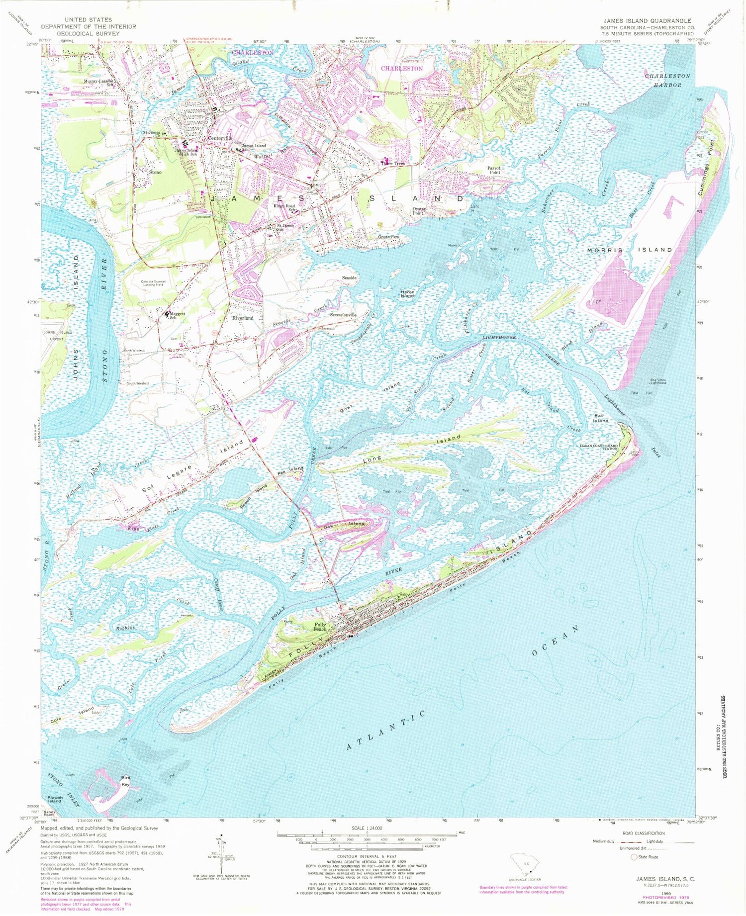 Classic USGS James Island South Carolina 7.5'x7.5' Topo Map Image