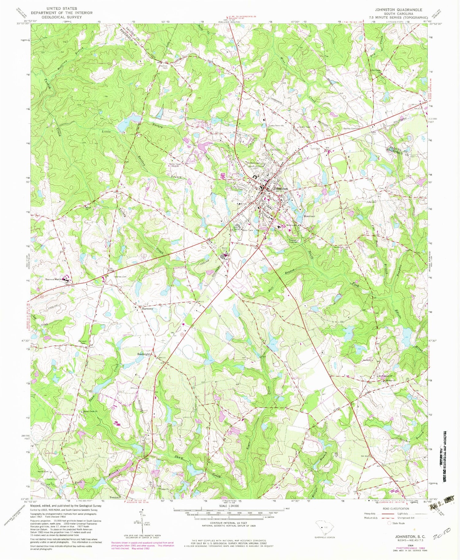 Classic USGS Johnston South Carolina 7.5'x7.5' Topo Map Image