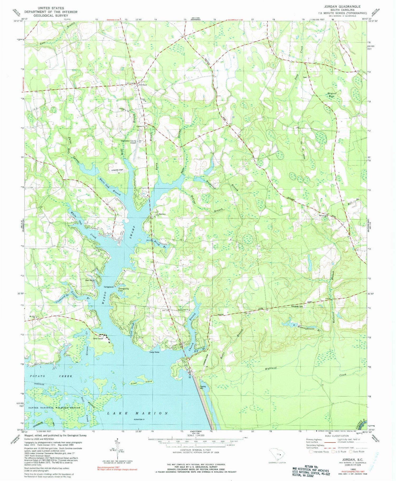 Classic USGS Jordan South Carolina 7.5'x7.5' Topo Map Image
