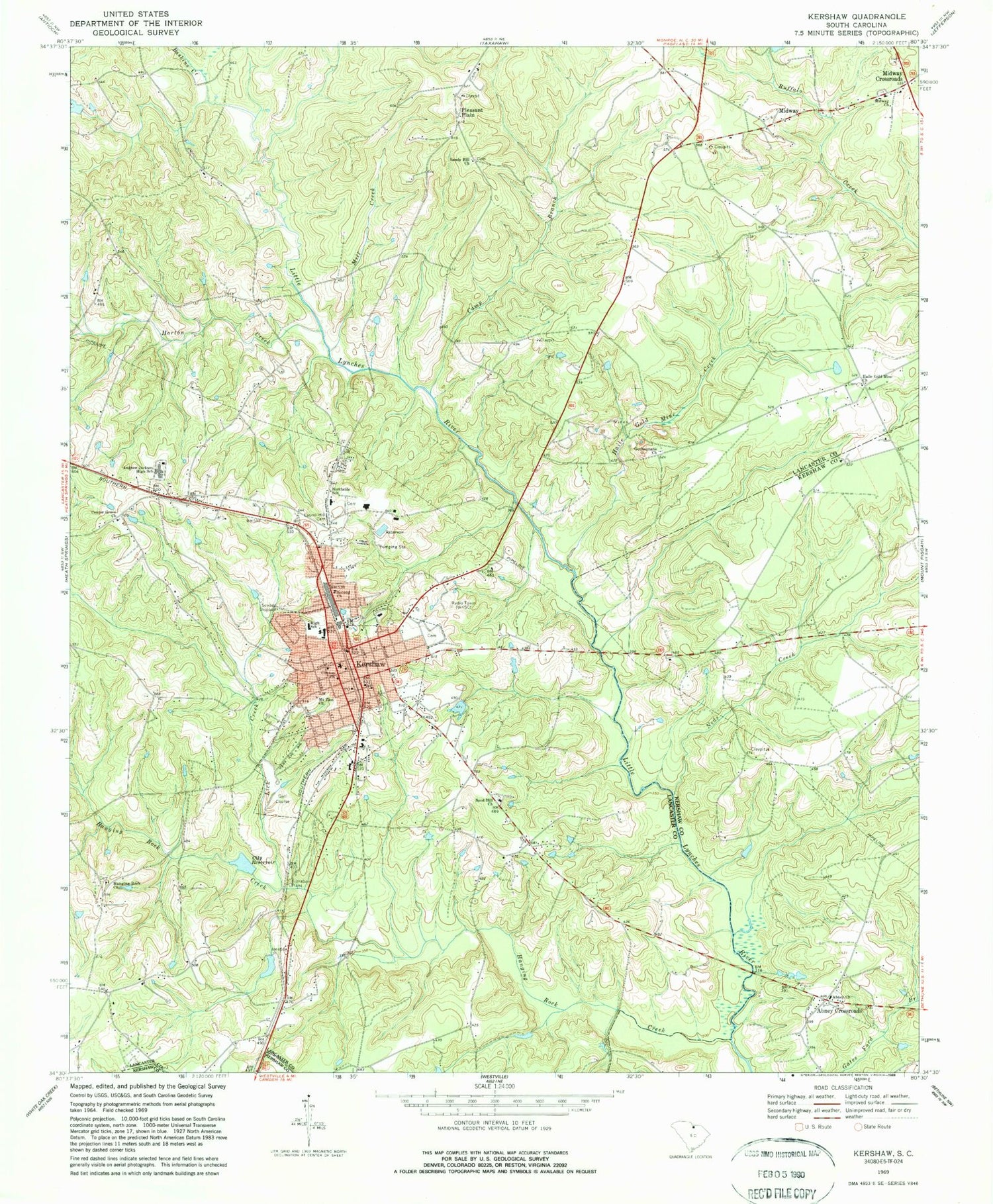 Classic USGS Kershaw South Carolina 7.5'x7.5' Topo Map Image