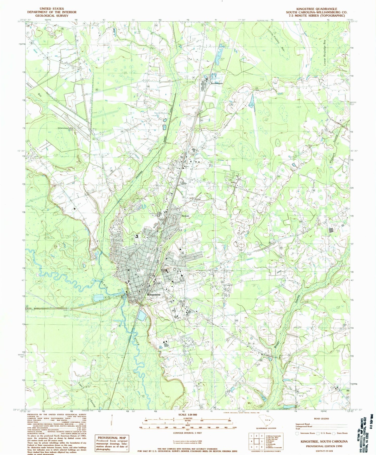 Classic USGS Kingstree South Carolina 7.5'x7.5' Topo Map Image