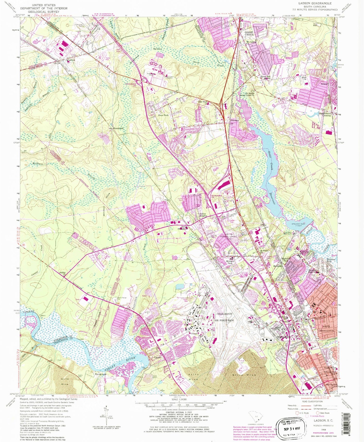 Classic USGS Ladson South Carolina 7.5'x7.5' Topo Map Image