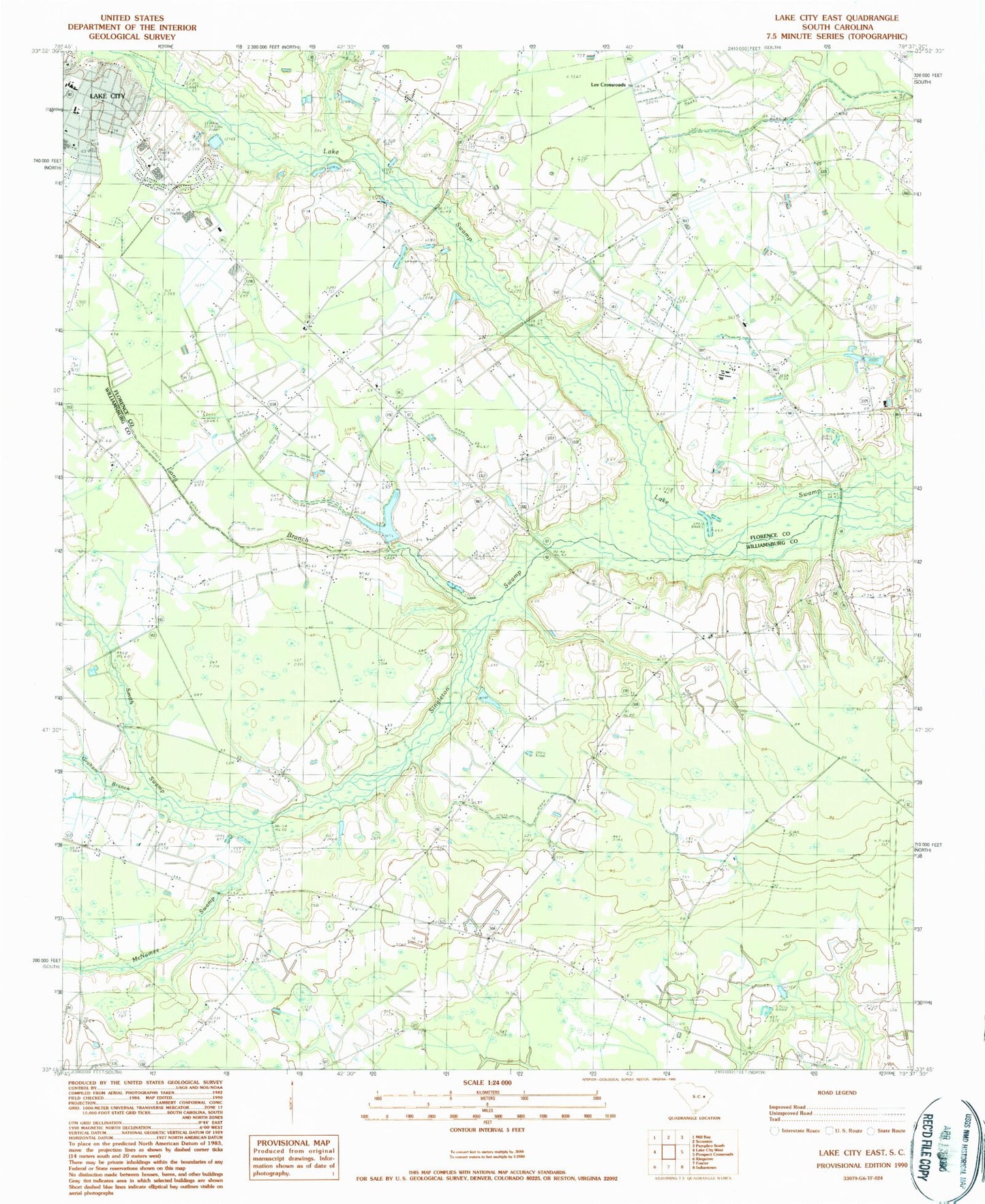 Classic USGS Lake City East South Carolina 7.5'x7.5' Topo Map Image