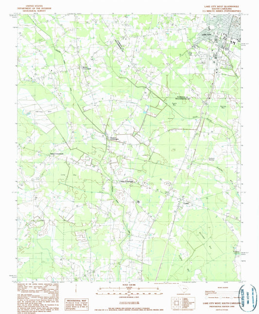 Classic USGS Lake City West South Carolina 7.5'x7.5' Topo Map Image