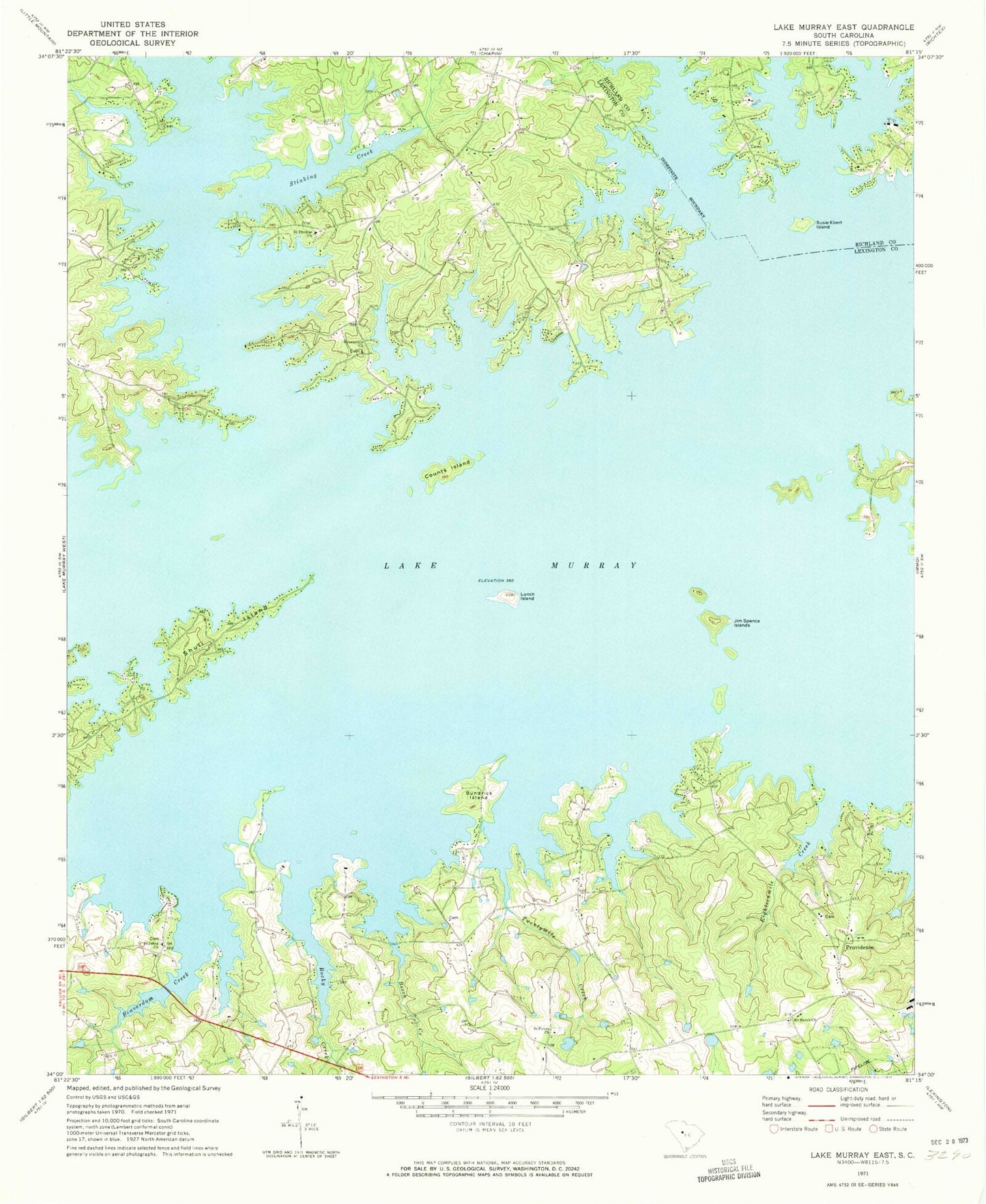 Classic USGS Lake Murray East South Carolina 7.5'x7.5' Topo Map Image