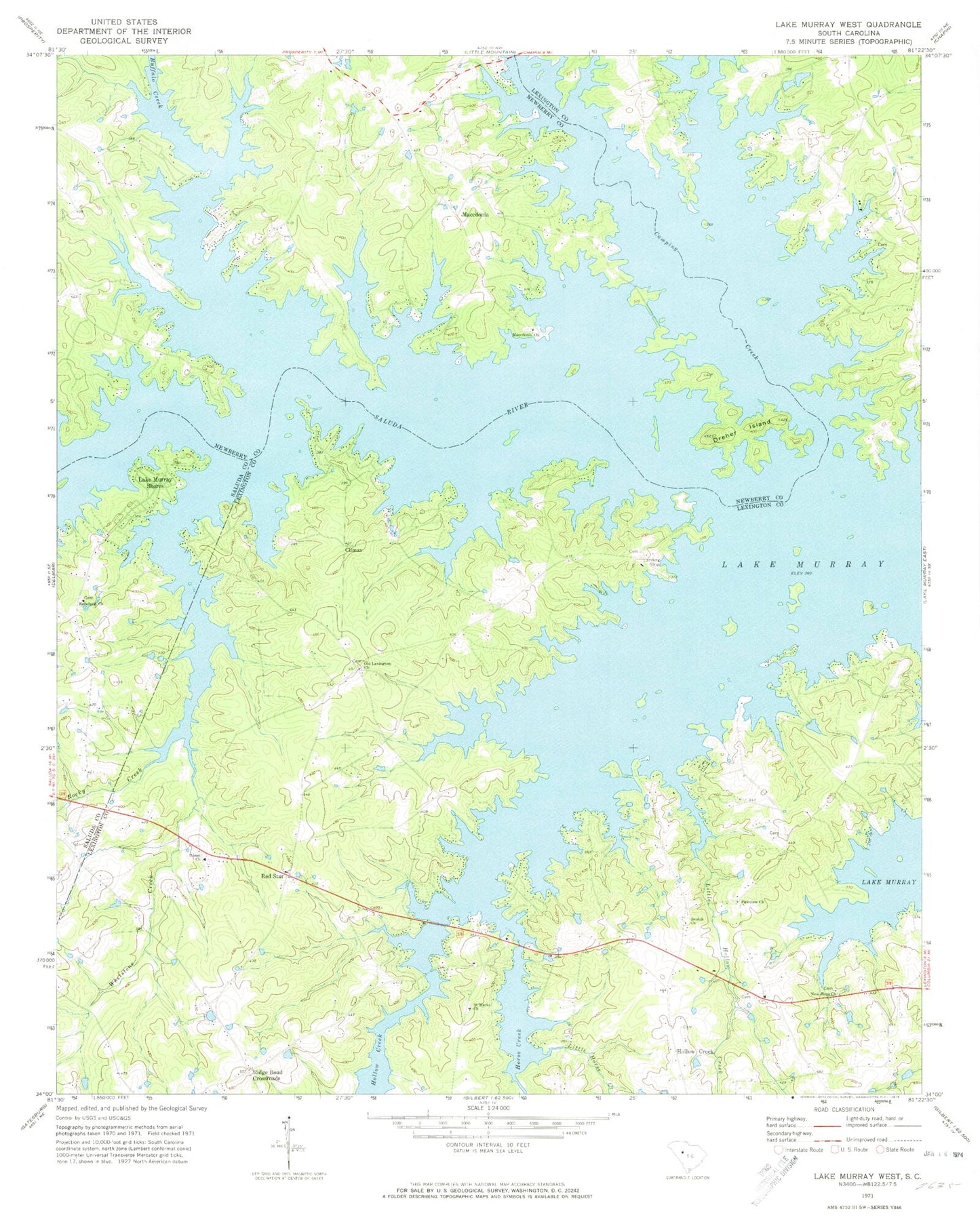 Classic USGS Lake Murray West South Carolina 7.5'x7.5' Topo Map Image