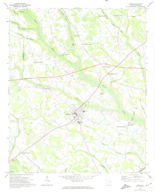 Classic USGS Lamar South Carolina 7.5'x7.5' Topo Map Image