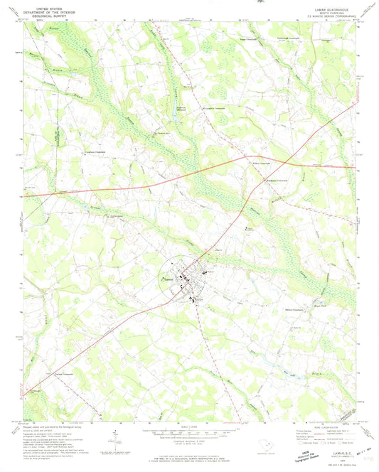 Classic USGS Lamar South Carolina 7.5'x7.5' Topo Map Image
