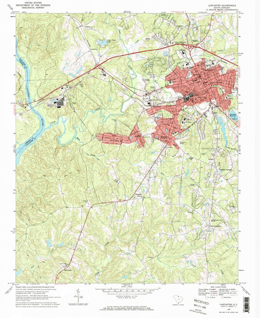 Classic USGS Lancaster South Carolina 7.5'x7.5' Topo Map Image