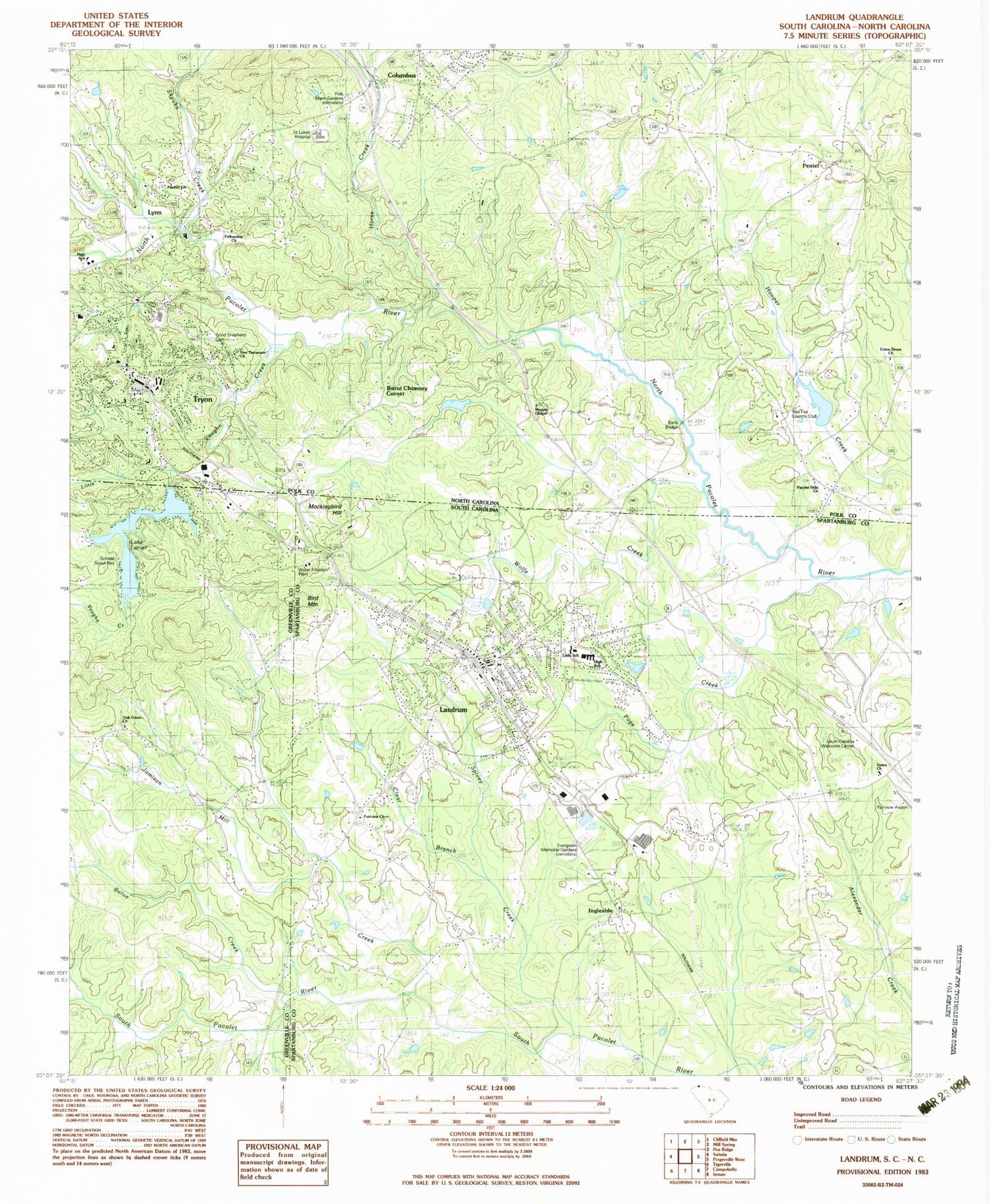 Classic USGS Landrum South Carolina 7.5'x7.5' Topo Map Image