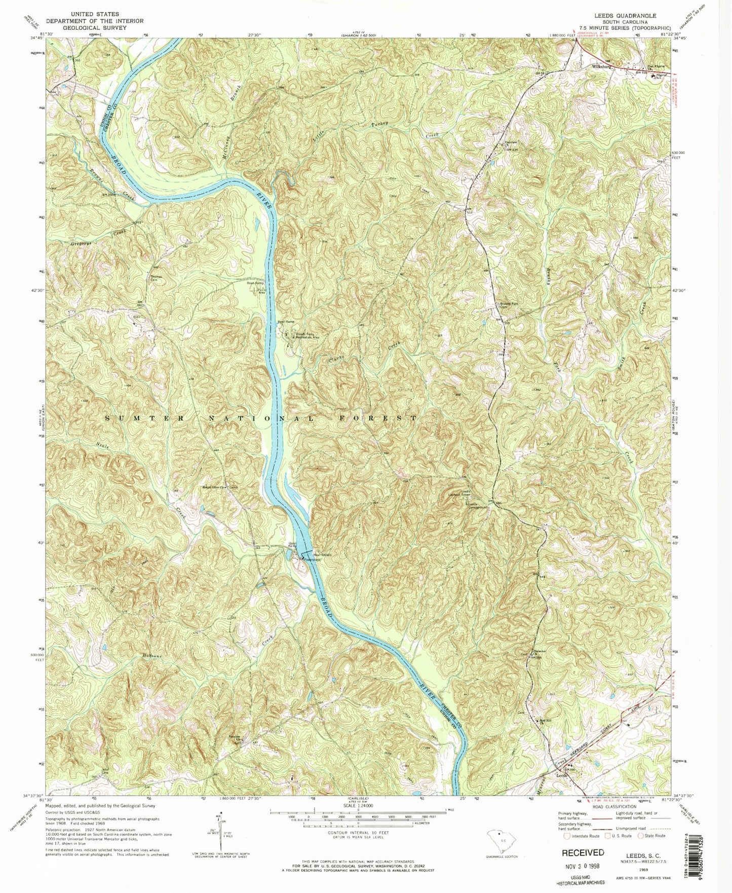 Classic USGS Leeds South Carolina 7.5'x7.5' Topo Map Image