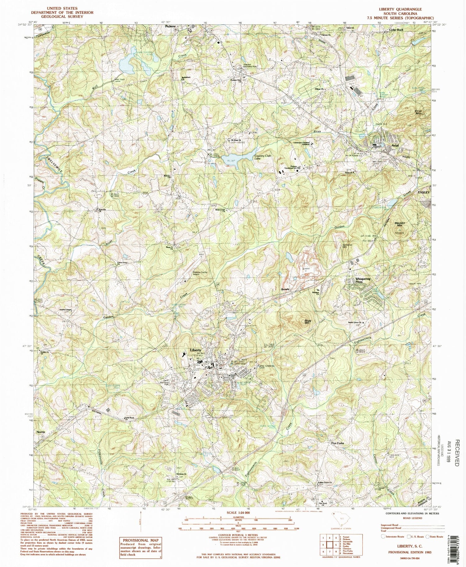 Classic USGS Liberty South Carolina 7.5'x7.5' Topo Map Image