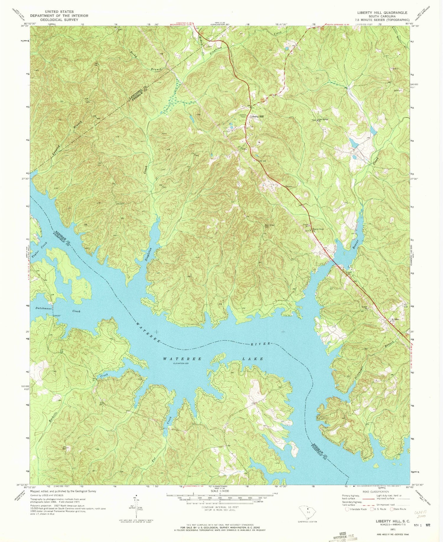Classic USGS Liberty Hill South Carolina 7.5'x7.5' Topo Map Image