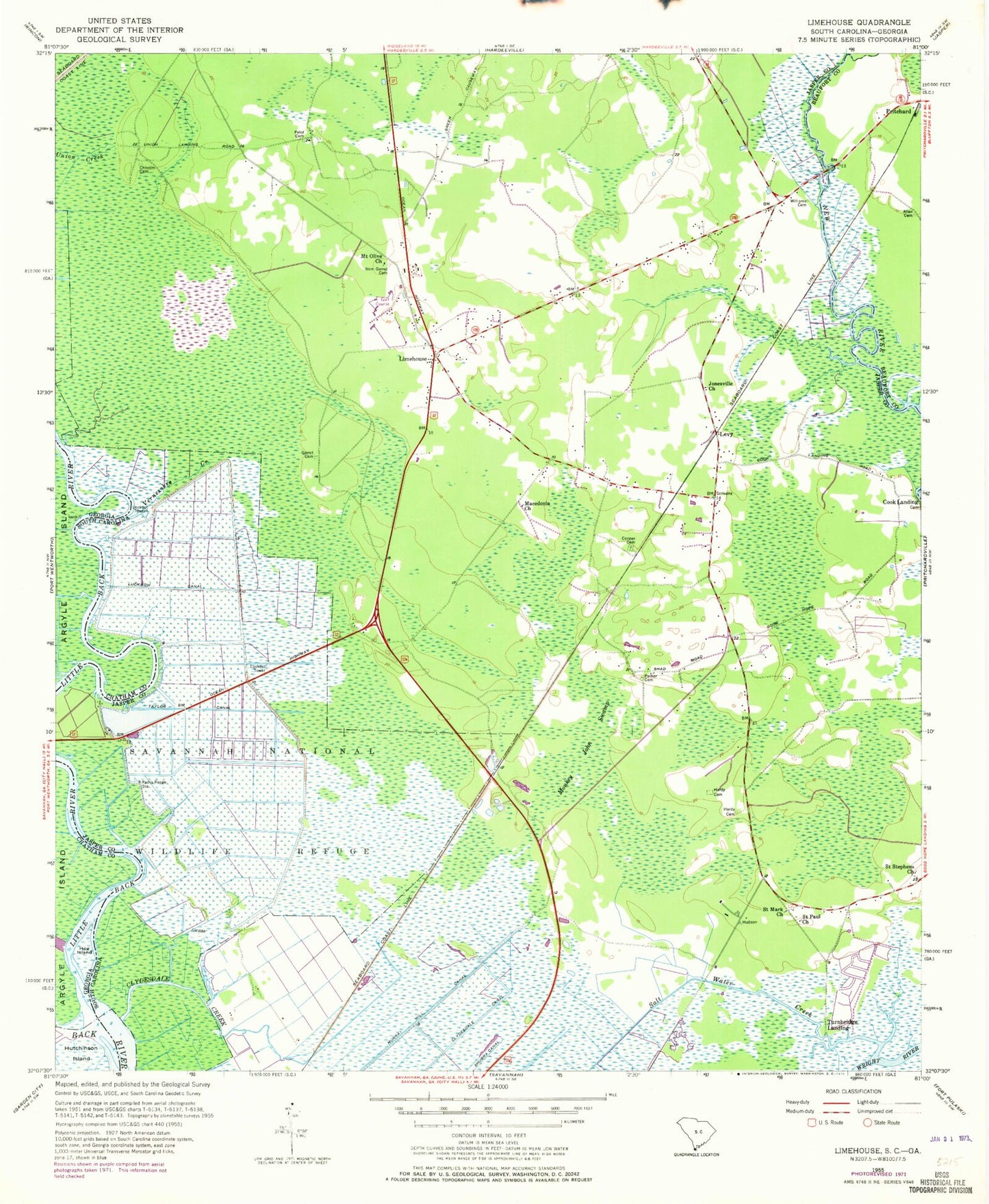 Classic USGS Limehouse South Carolina 7.5'x7.5' Topo Map Image