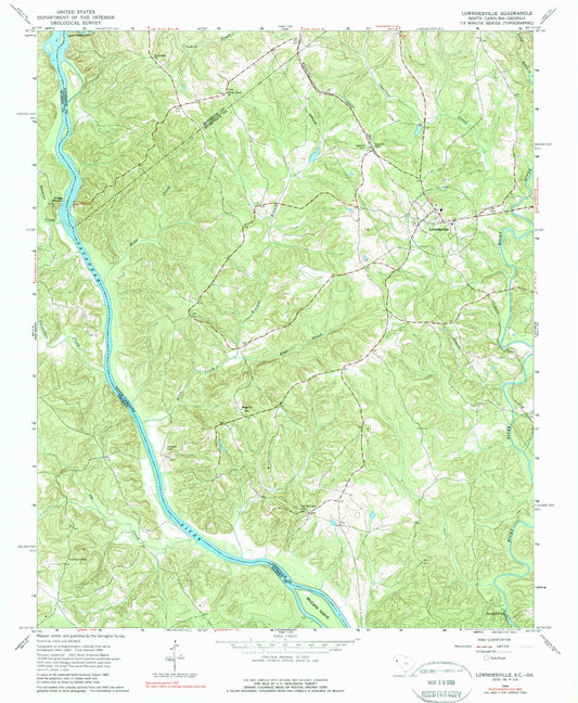 Classic USGS Lowndesville South Carolina 7.5'x7.5' Topo Map Image