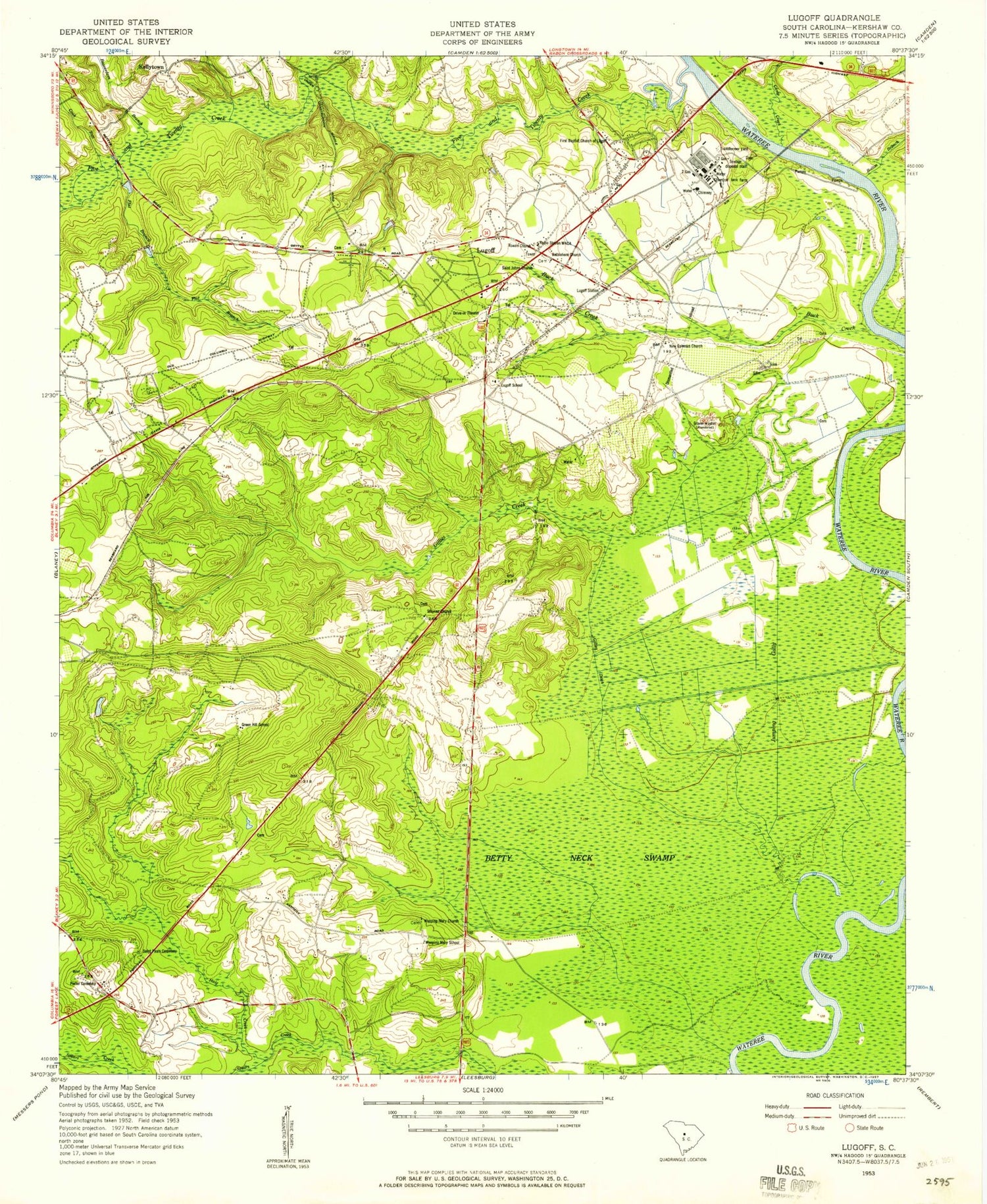 Classic USGS Lugoff South Carolina 7.5'x7.5' Topo Map Image