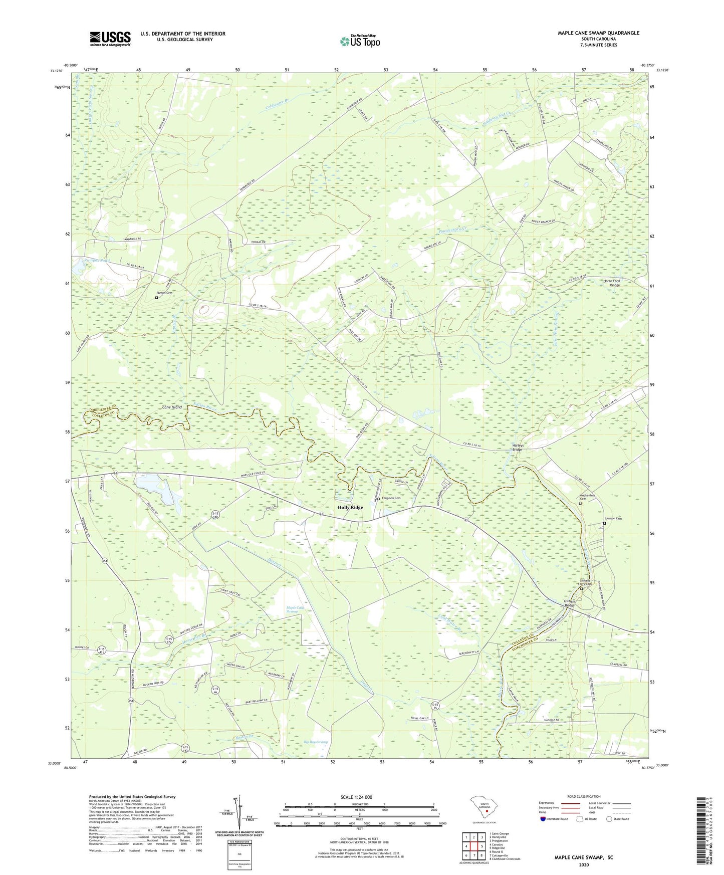 Maple Cane Swamp South Carolina US Topo Map Image