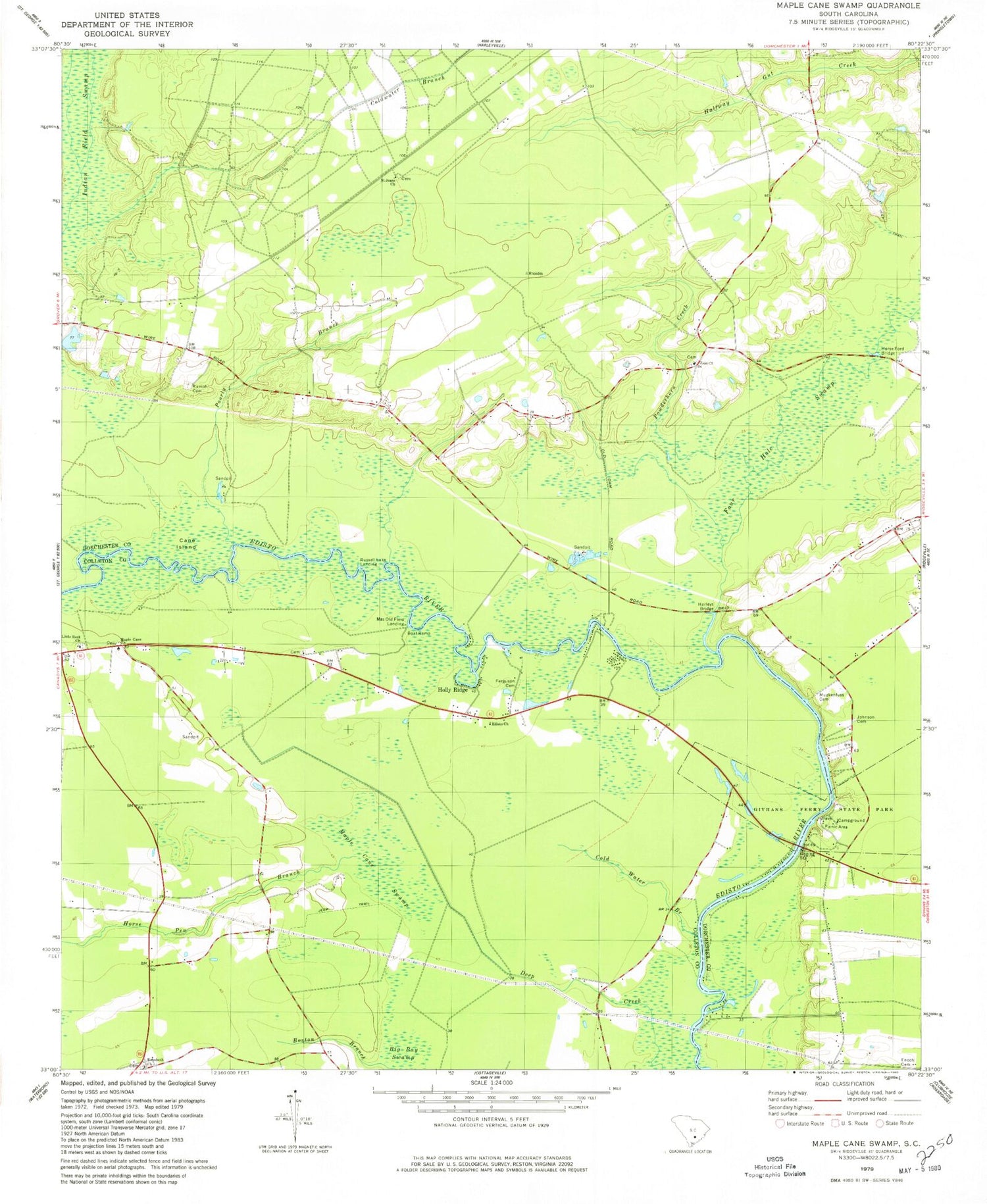 Classic USGS Maple Cane Swamp South Carolina 7.5'x7.5' Topo Map Image