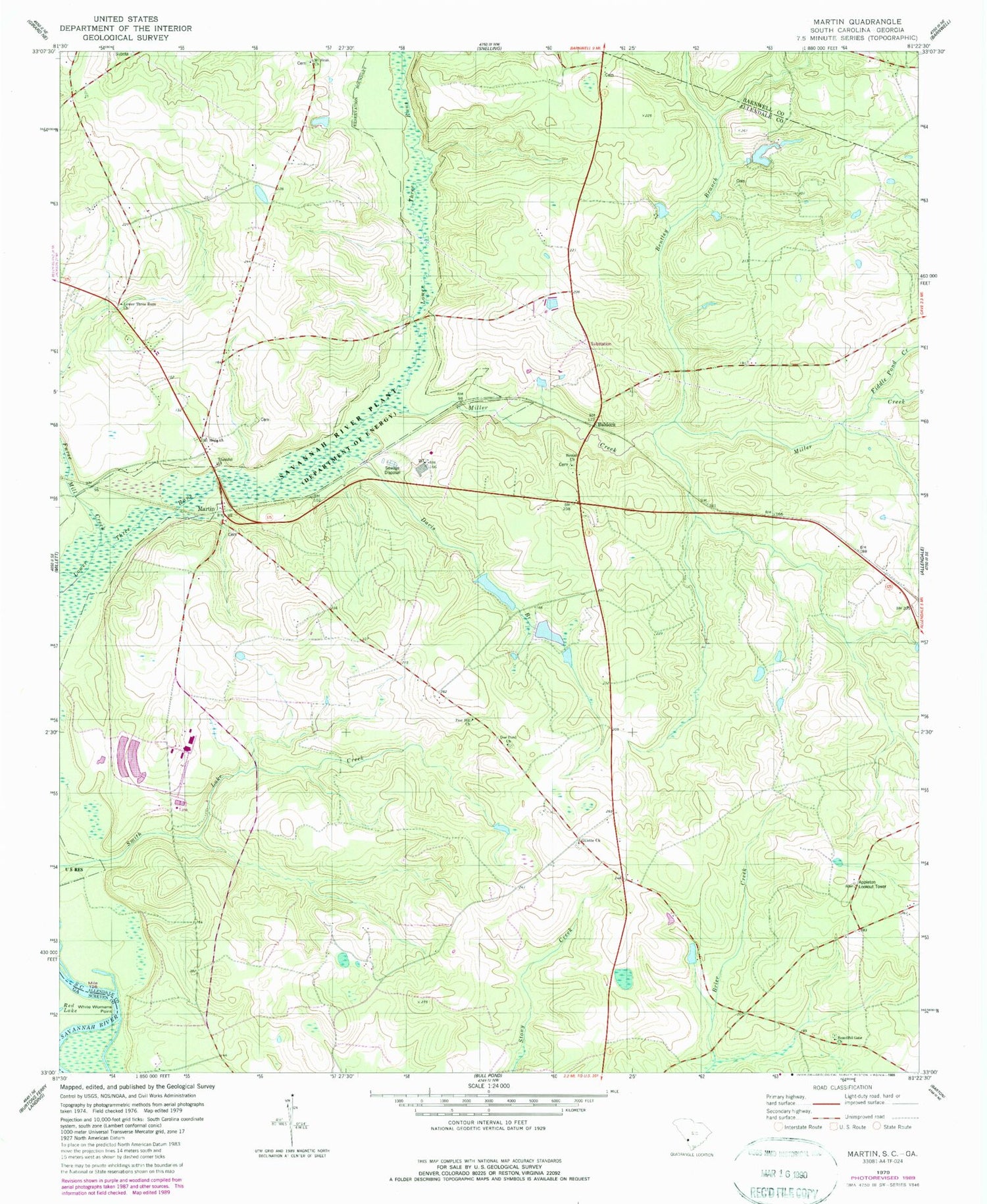 Classic USGS Martin South Carolina 7.5'x7.5' Topo Map Image