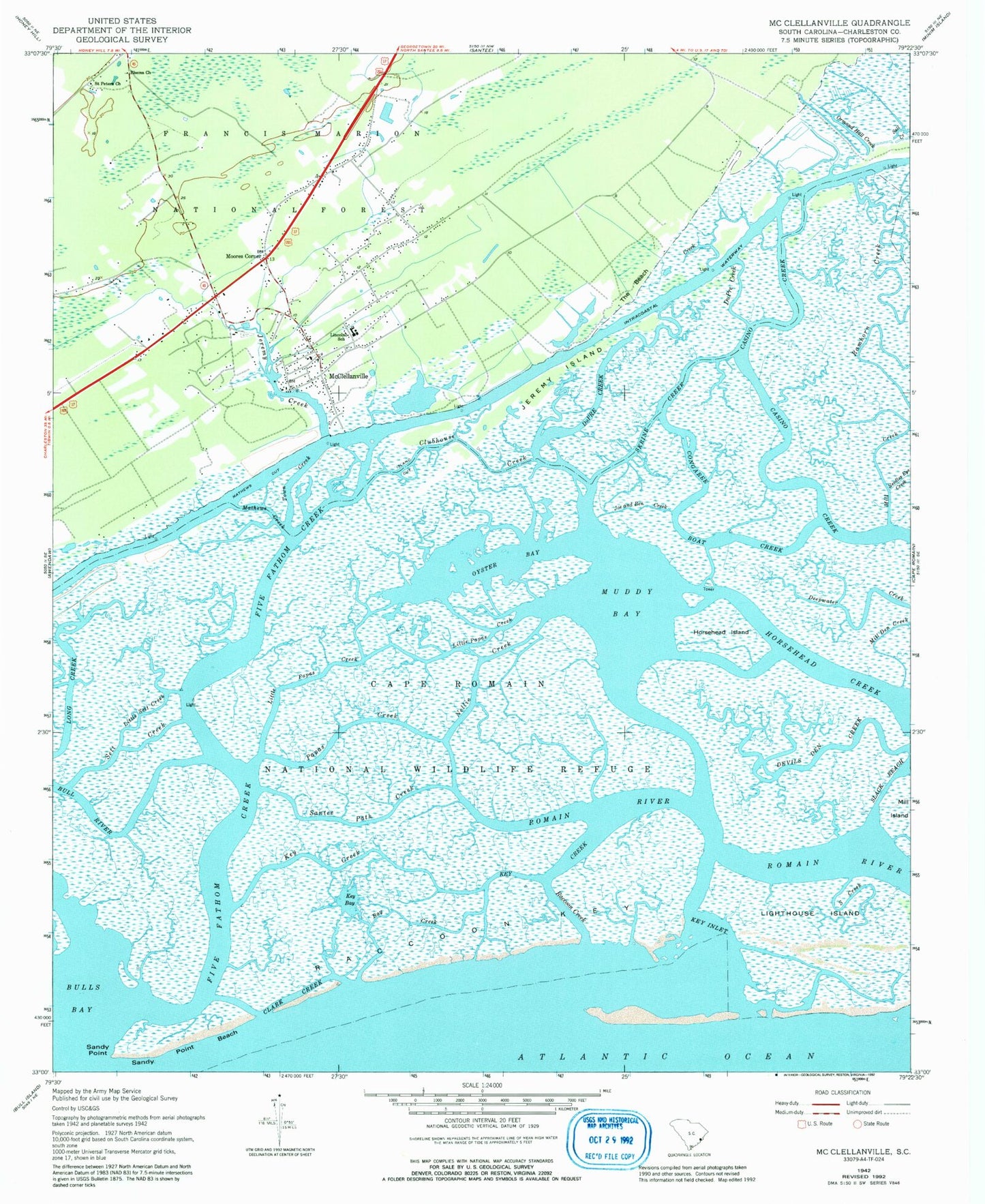 Classic USGS McClellanville South Carolina 7.5'x7.5' Topo Map Image