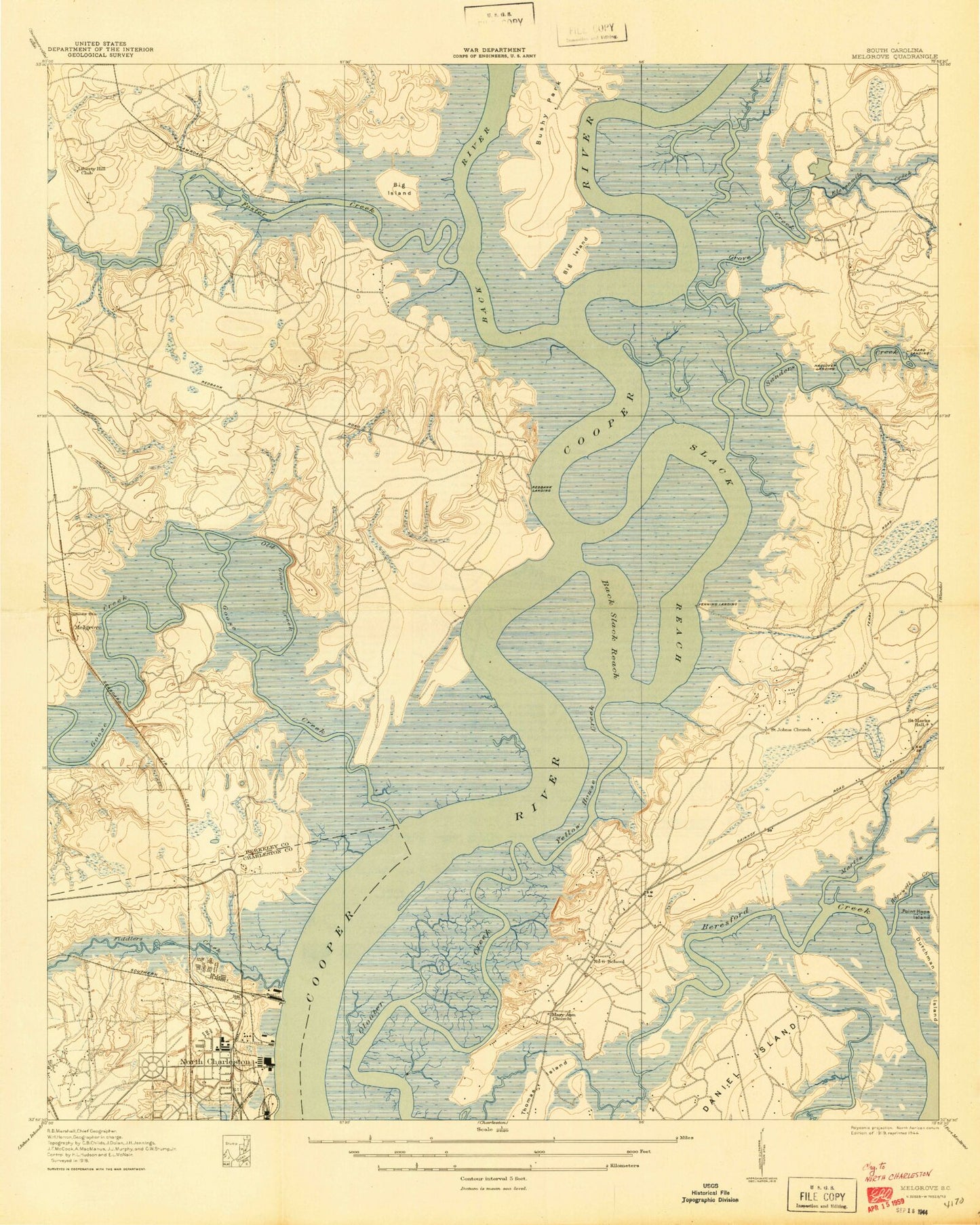 Classic USGS North Charleston South Carolina 7.5'x7.5' Topo Map Image