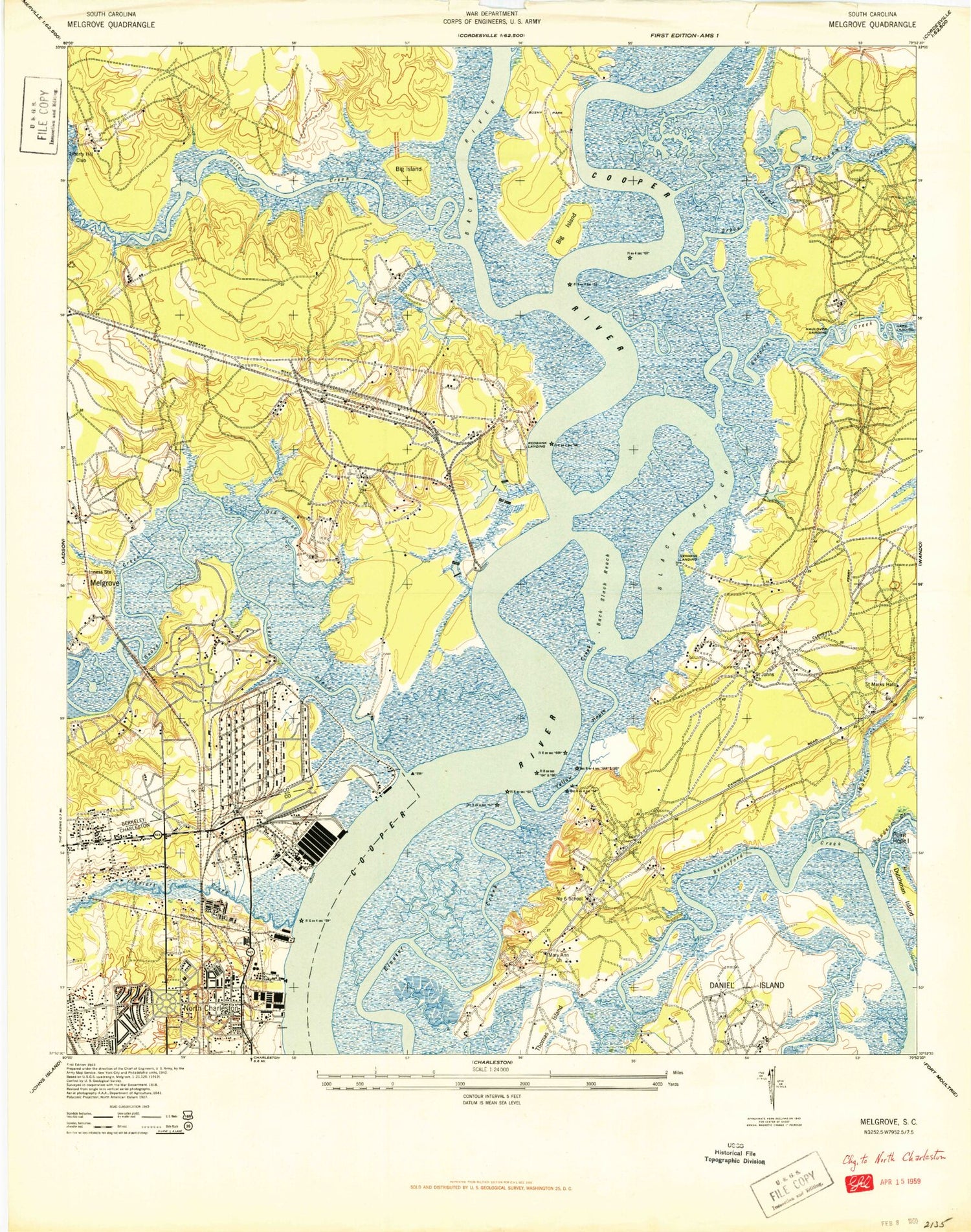 Classic USGS North Charleston South Carolina 7.5'x7.5' Topo Map Image