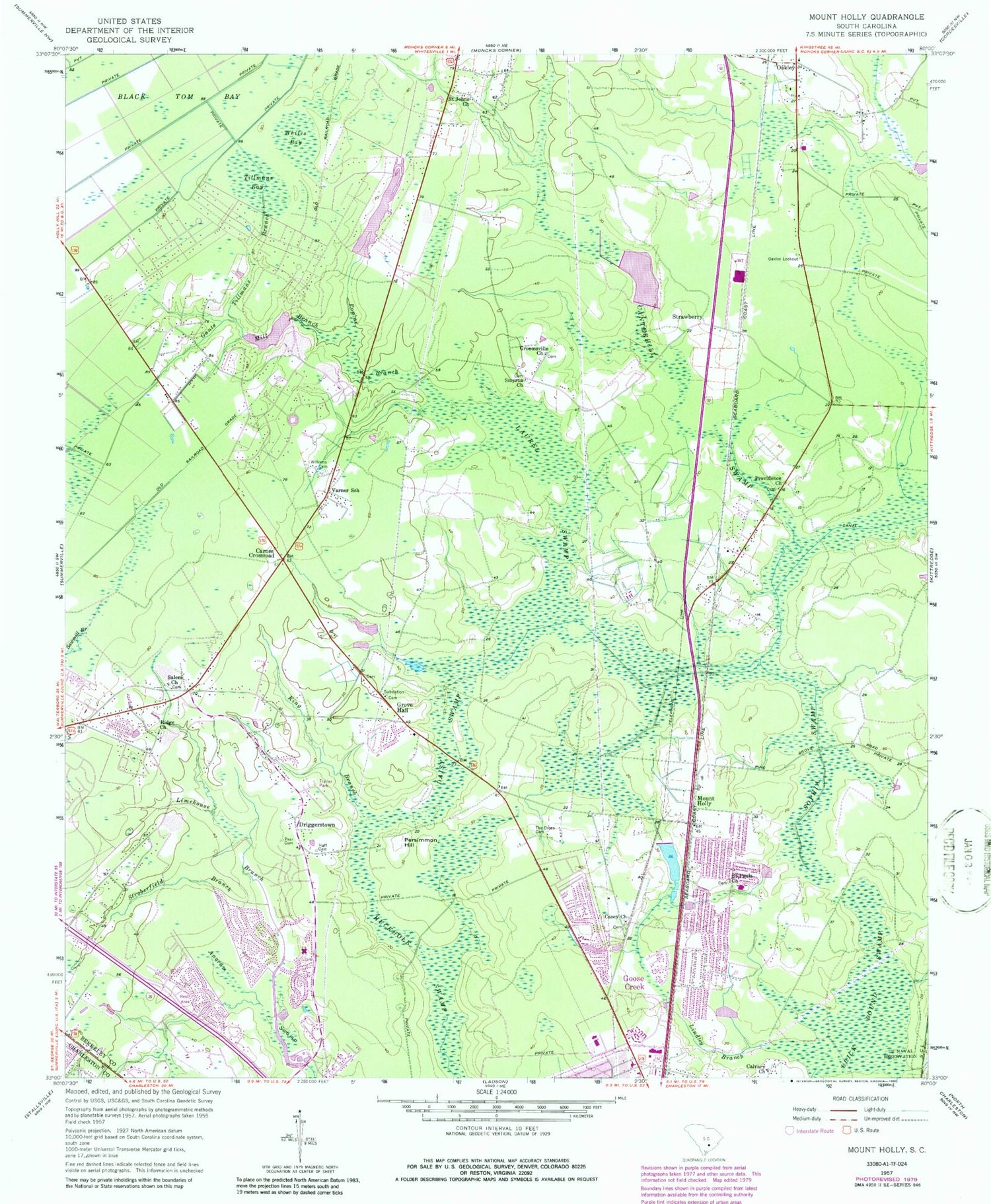 Classic USGS Mount Holly South Carolina 7.5'x7.5' Topo Map Image